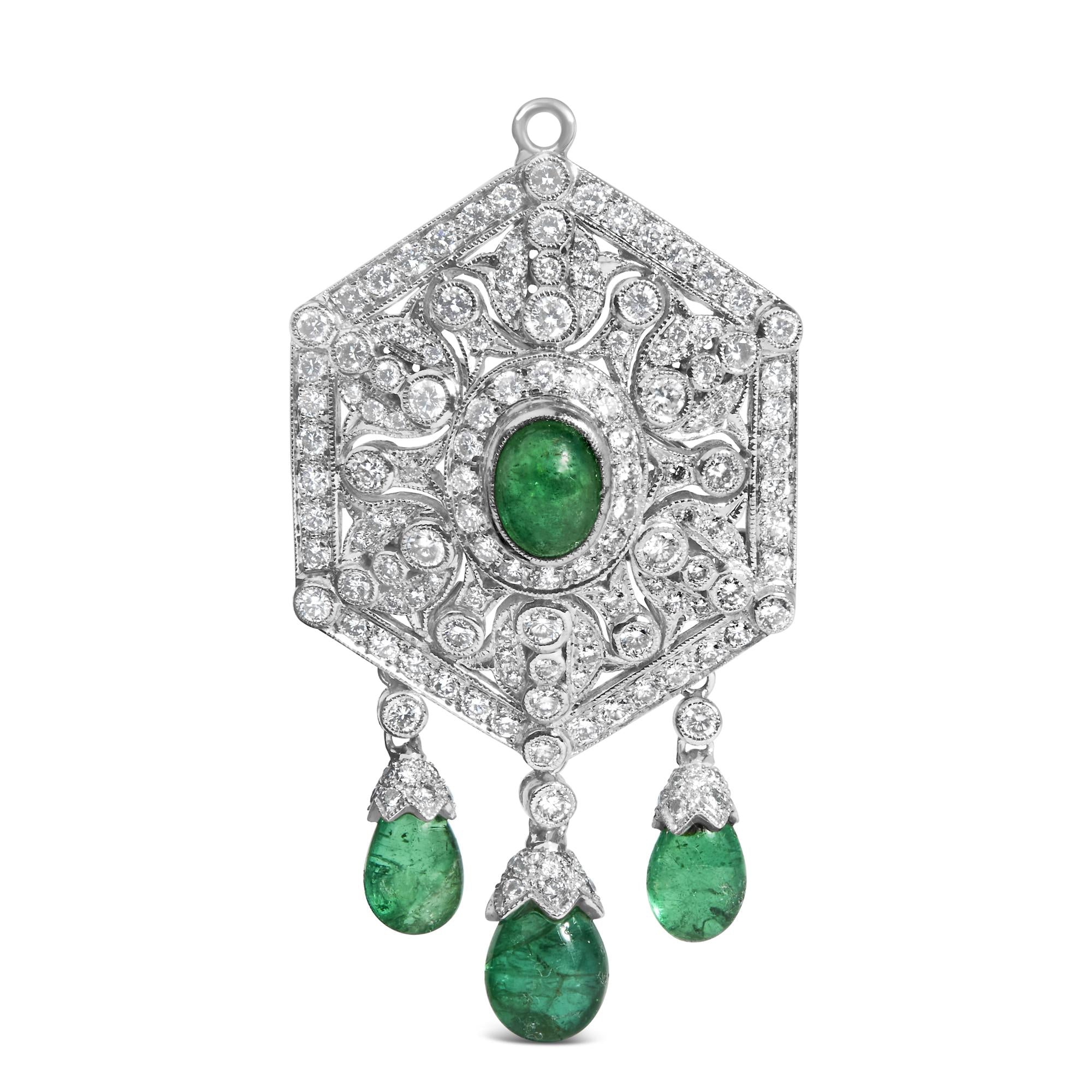 2 3/4 Ct. T.W. Diamond and Emerald Art Deco Shield Brooch Pendant in 18K White Gold, photo 1