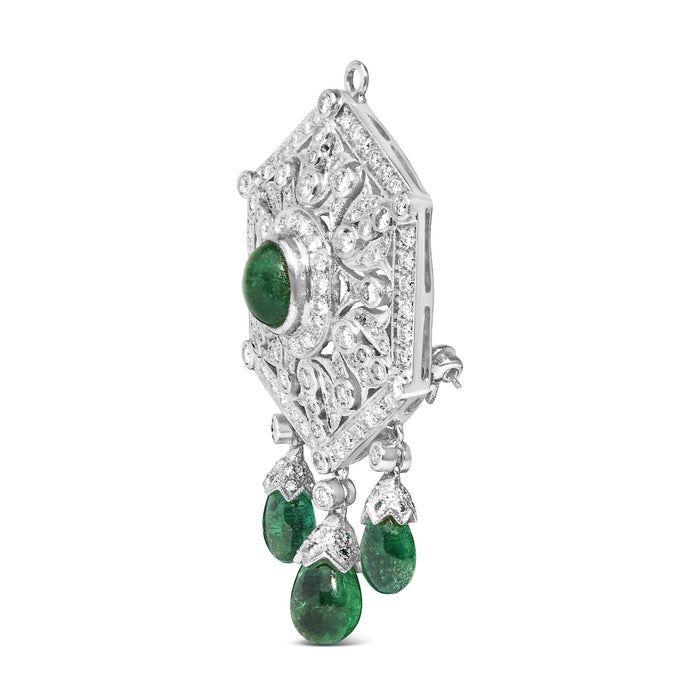 2 3/4 Ct. T.W. Diamond and Emerald Art Deco Shield Brooch Pendant in 18K White Gold, photo 2