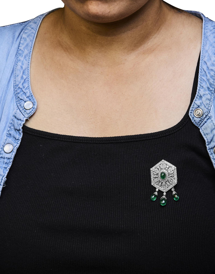 2 3/4 Ct. T.W. Diamond and Emerald Art Deco Shield Brooch Pendant in 18K White Gold, photo 3