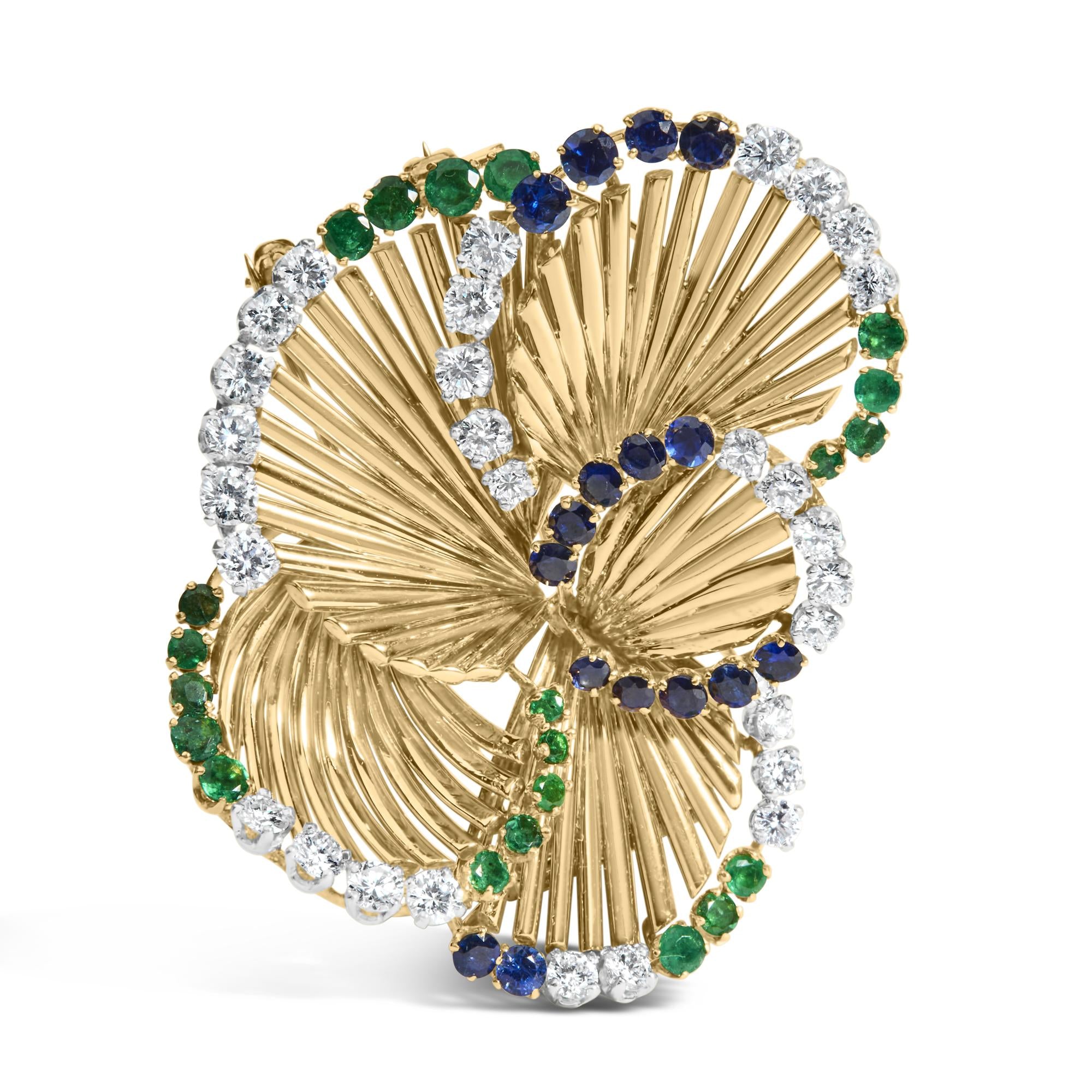 2 1/3 Ct. T.W. Diamond, Sapphire, and Emerald Sculpted Petal Brooch Pin in 18K Yellow Gold, photo 1
