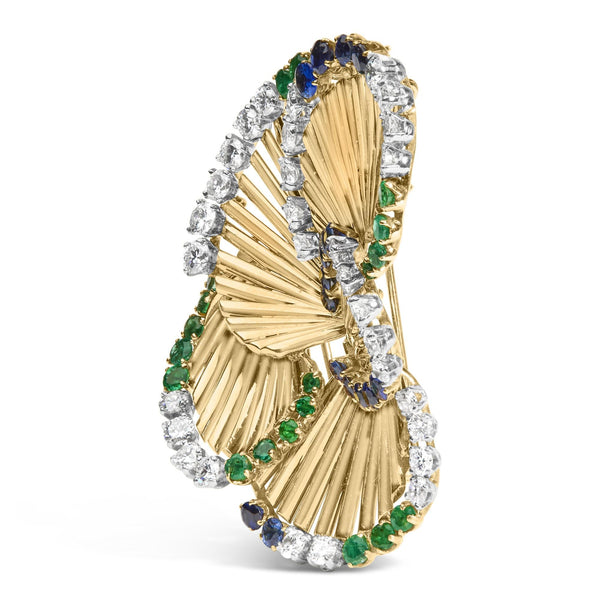 2 1/3 Ct. T.W. Diamond, Sapphire, and Emerald Sculpted Petal Brooch Pin in 18K Yellow Gold, photo 2