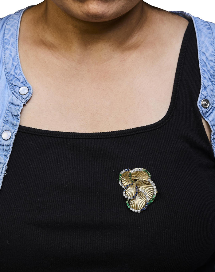 2 1/3 Ct. T.W. Diamond, Sapphire, and Emerald Sculpted Petal Brooch Pin in 18K Yellow Gold, photo 3