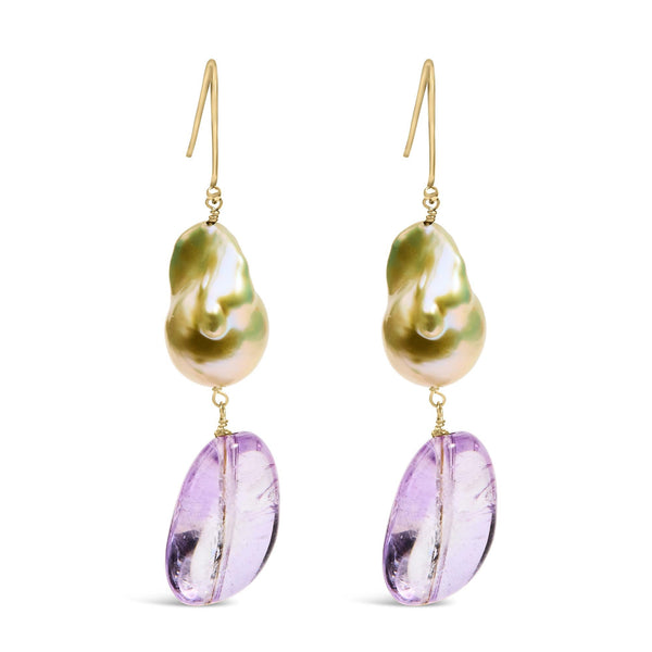 Amethyst and Freshwater Cultured Baroque Pearl Drop and Dangle Earrings in 14K Yellow Gold, photo 1