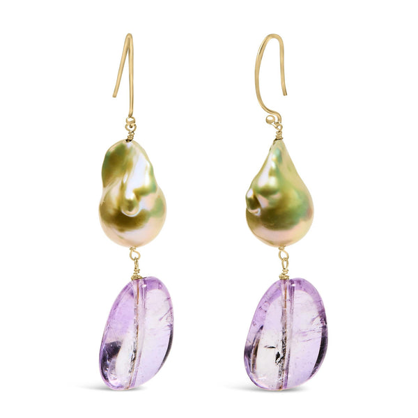 Amethyst and Freshwater Cultured Baroque Pearl Drop and Dangle Earrings in 14K Yellow Gold, photo 2