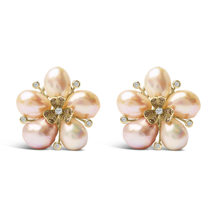 3/8 Ct. T.W. Diamond and Freshwater Cultured Pearl Blossom Stud Earrings in 18K Rose Gold, photo 1