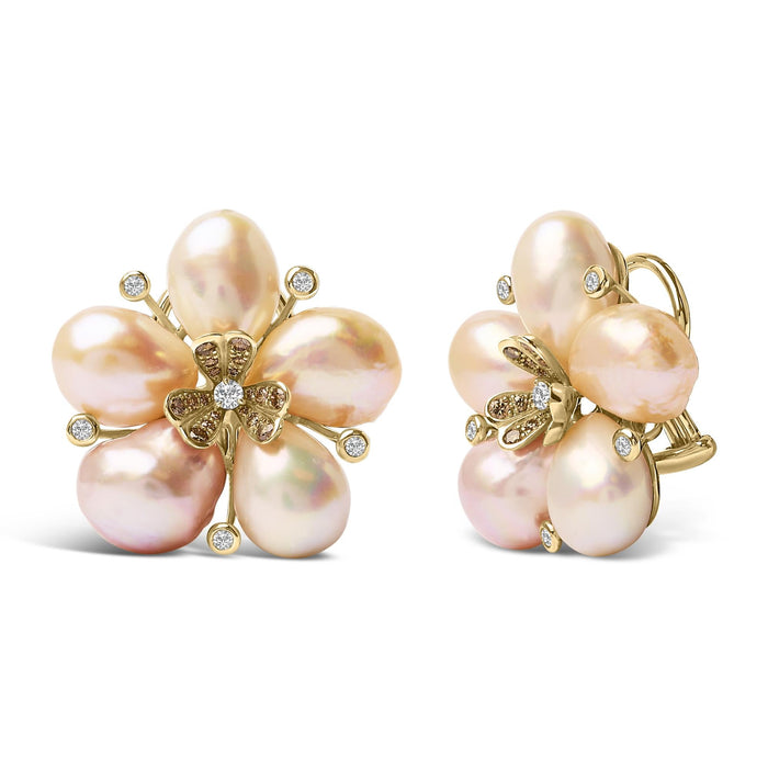 3/8 Ct. T.W. Diamond and Freshwater Cultured Pearl Blossom Stud Earrings in 18K Rose Gold, photo 2