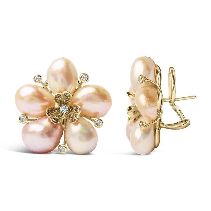 3/8 Ct. T.W. Diamond and Freshwater Cultured Pearl Blossom Stud Earrings in 18K Rose Gold, photo 4
