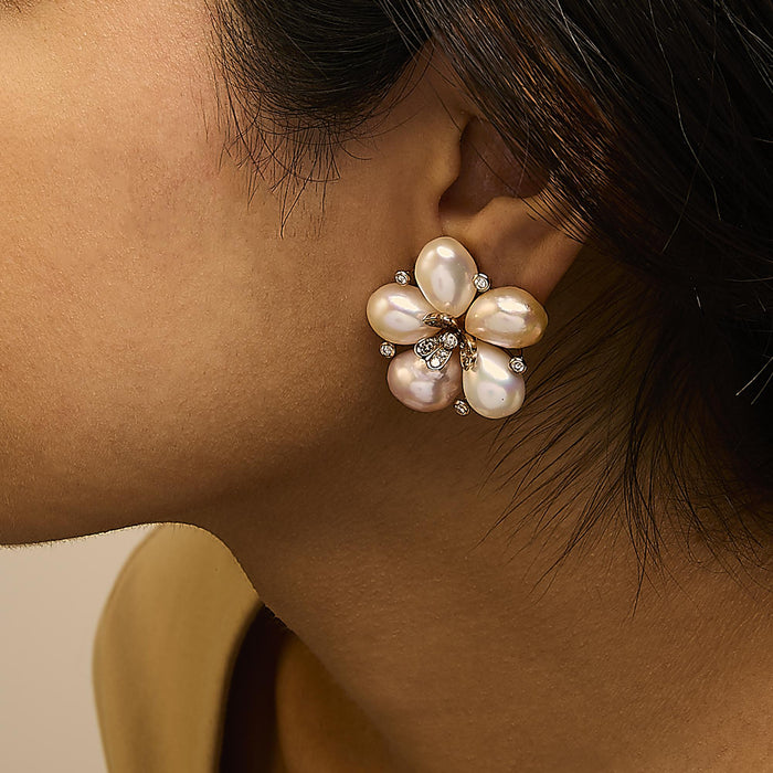3/8 Ct. T.W. Diamond and Freshwater Cultured Pearl Blossom Stud Earrings in 18K Rose Gold, photo 3
