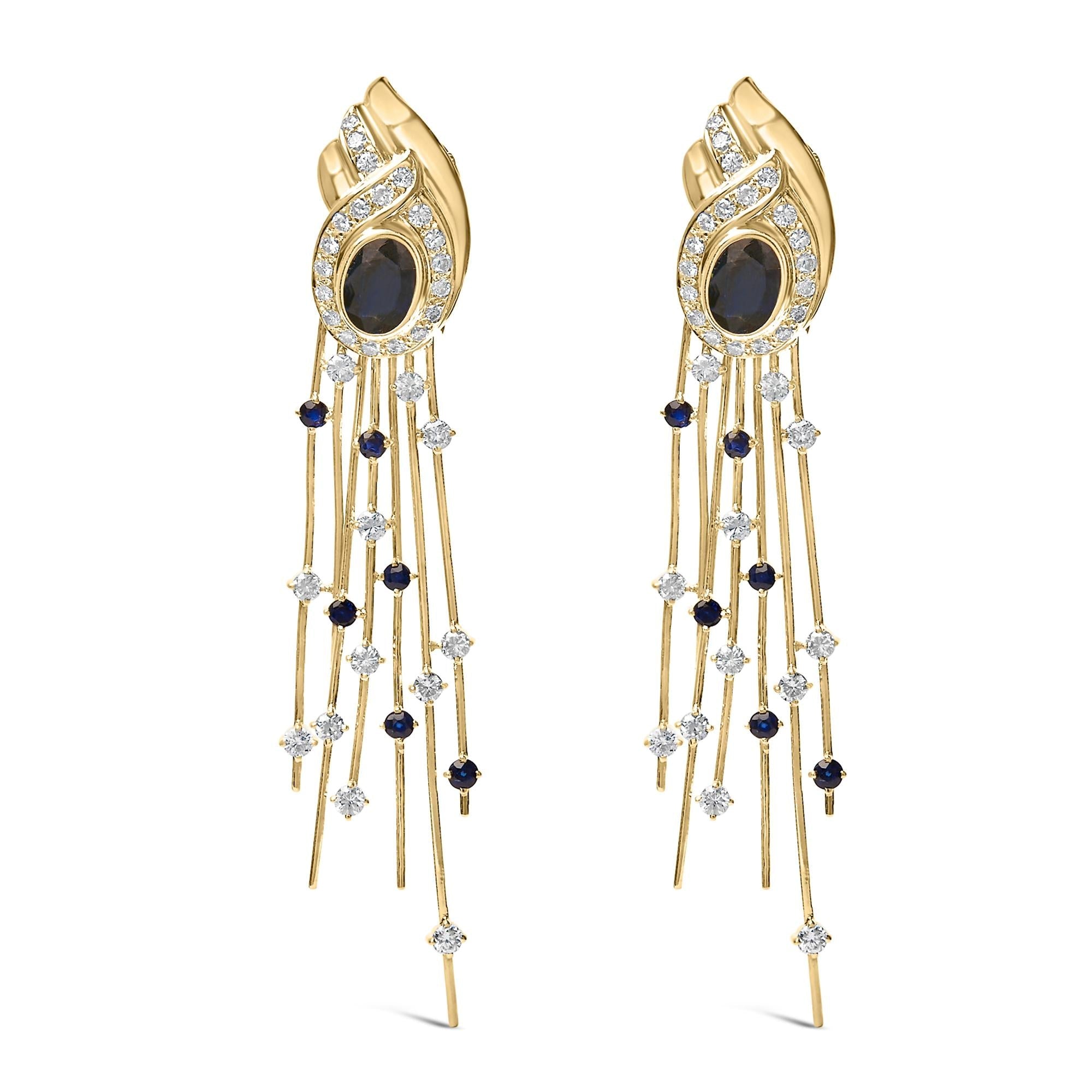 1 Ct. T.W. Diamond and Blue Sapphire Chandelier Earrings in 14K Yellow Gold, photo 1