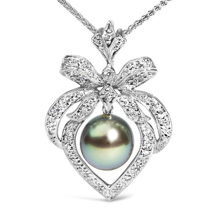 Collar de corazón con diamantes de 3/4 ct. p.t. y perla cultivada negra de Tahití de 12.5 mm en oro blanco de 18K, foto 2
