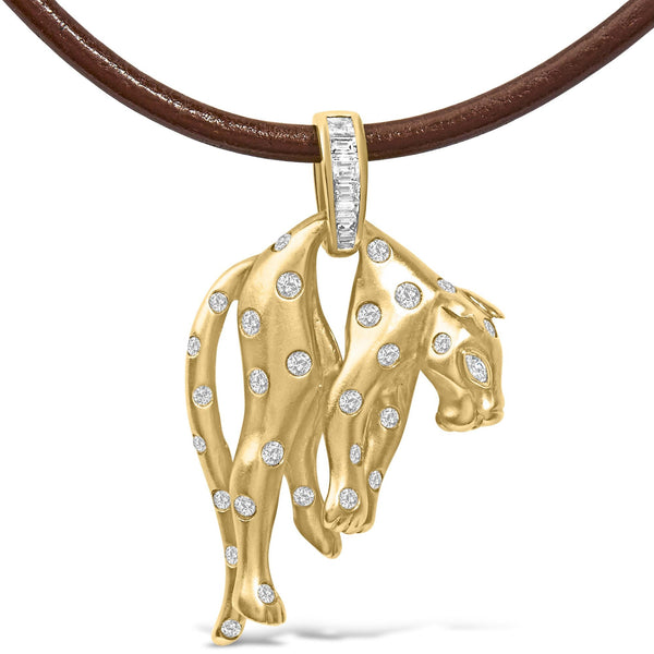 1 Ct. T.W. Diamond Cat Pendant Necklace on a Brown Leather Cord in 18K Gold, photo 2