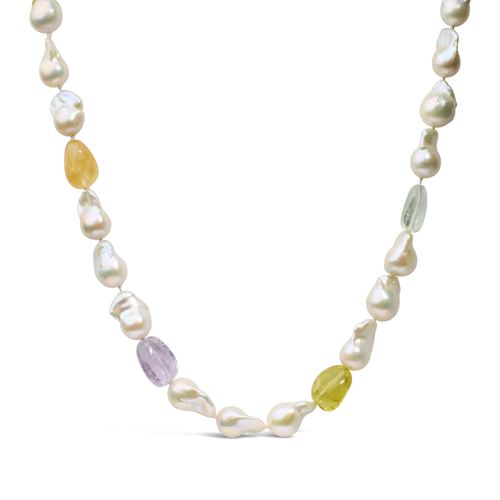 Collar de hilo con citrino, amatista y perla cultivada barroca en oro amarillo de 14K, foto 1