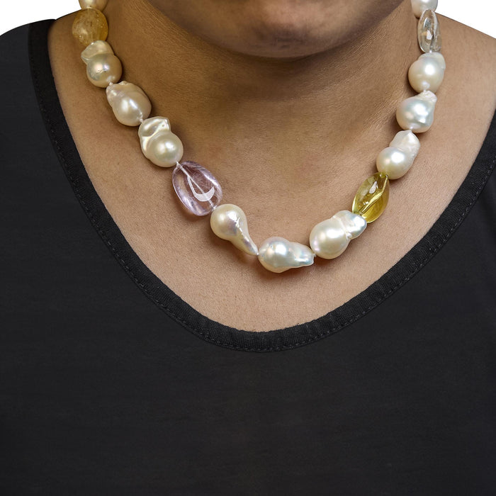 Collar de hilo con citrino, amatista y perla cultivada barroca en oro amarillo de 14K, foto 3