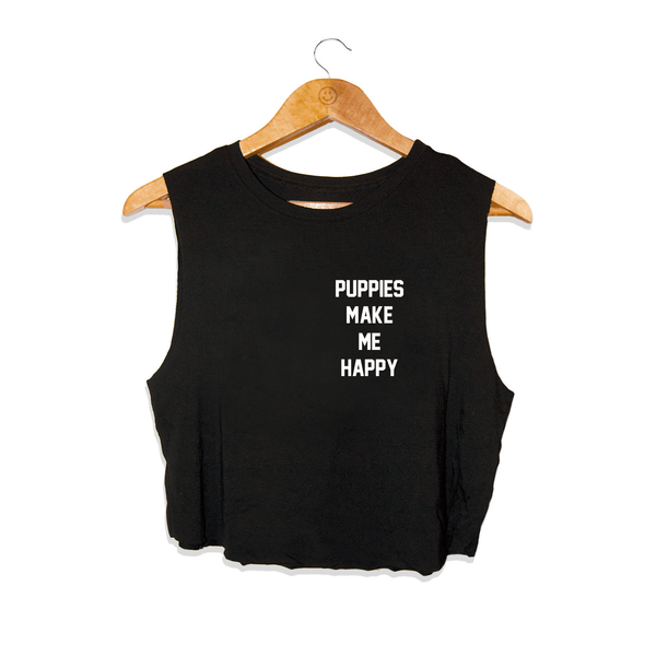 Puppies Make Me Happy Motto Crop Top in black