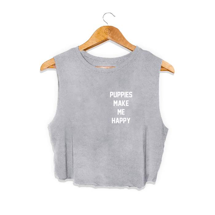 Puppies Make Me Happy Motto Crop Top in light grey