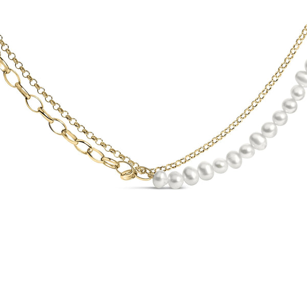 Cultured Pearl Strand Necklace with Rolo and Paperclip Chain in 18K Yellow Gold Vermeil, photo 1