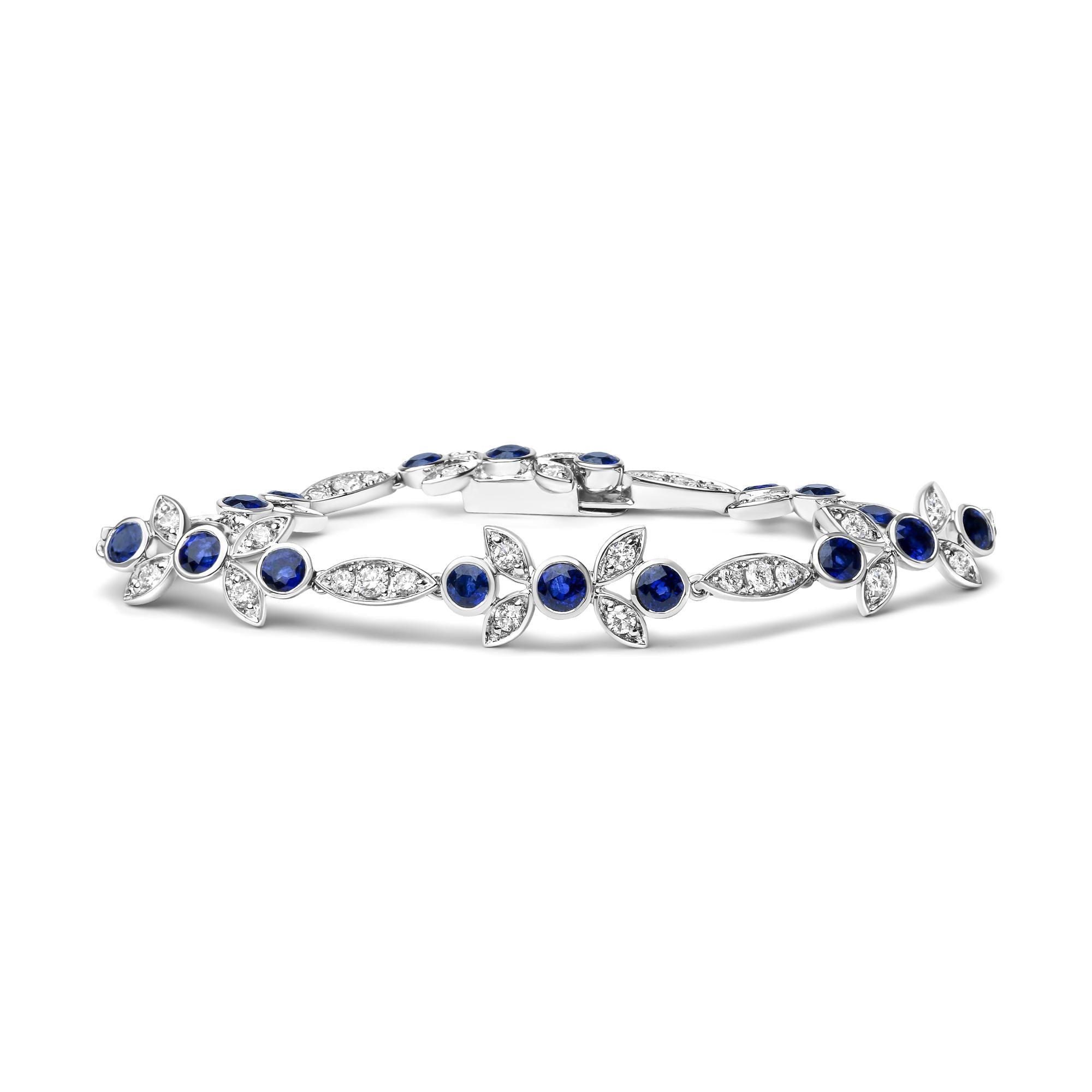 1 3/4 Ct. T.W. Diamond and 3x3mm Round Blue Sapphire Gemstone Floral Link Bracelet in 18K White Gold, photo 1