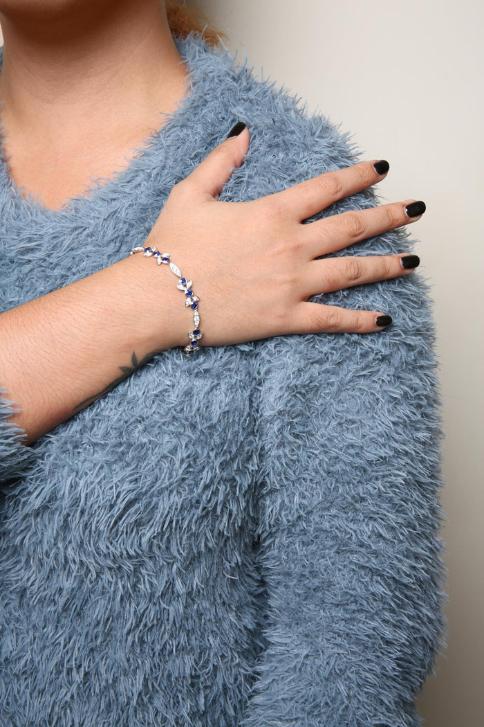 1 3/4 Ct. T.W. Diamond and 3x3mm Round Blue Sapphire Gemstone Floral Link Bracelet in 18K White Gold, photo 3