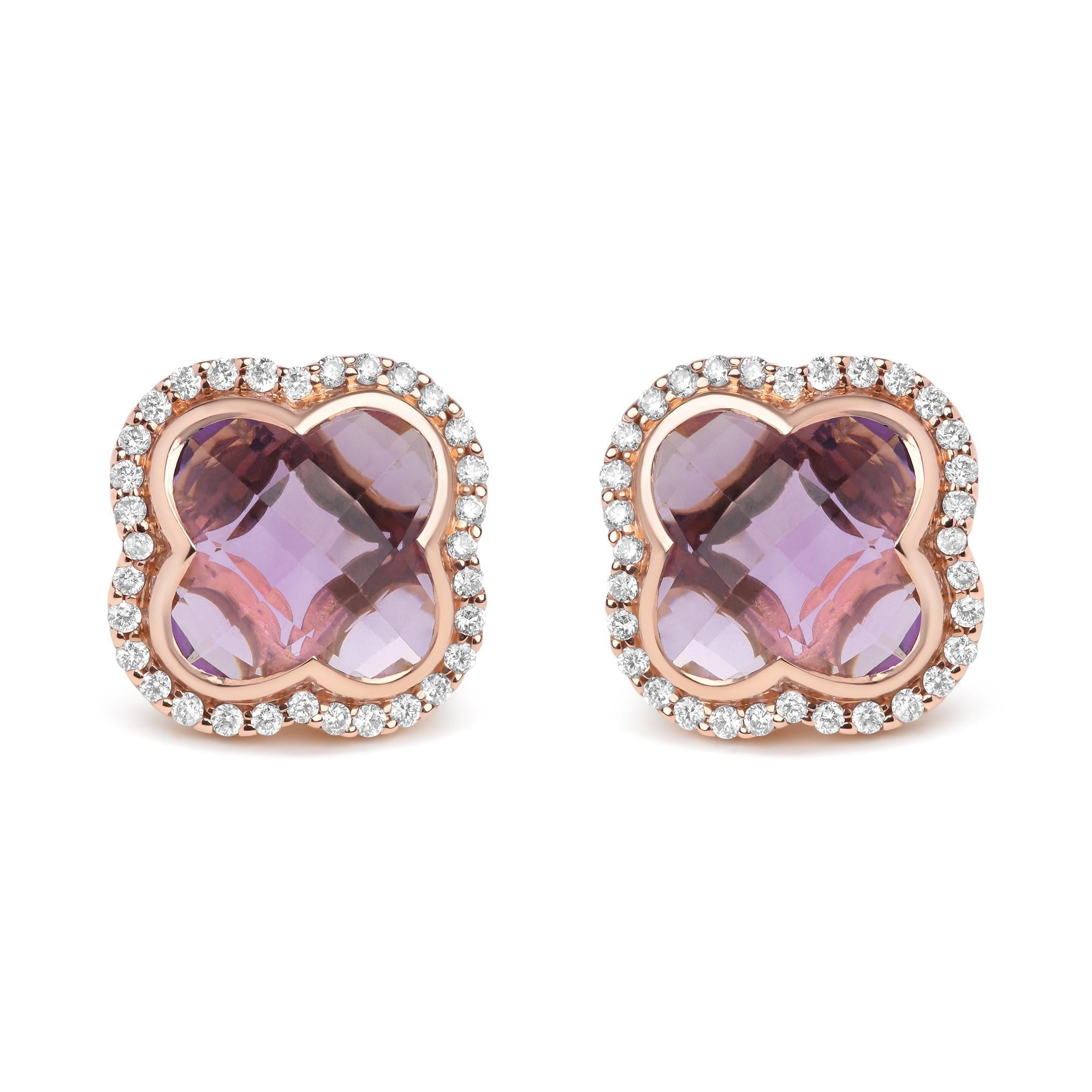3/8 Ct. T.W. Diamond and 11x11mm Clover-Cut Purple Amethyst Gemstone Clover Halo Stud Earrings in 18K Rose Gold, photo 1