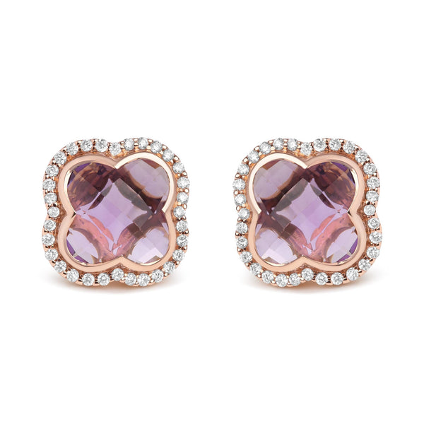 3/8 Ct. T.W. Diamond and 11x11mm Clover-Cut Purple Amethyst Gemstone Clover Halo Stud Earrings in 18K Rose Gold, photo 1