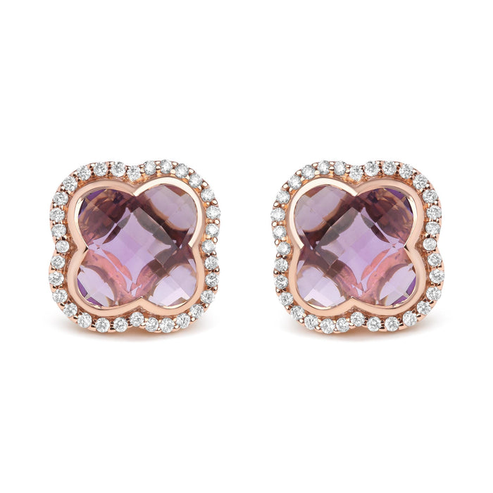 3/8 Ct. T.W. Diamond and 11x11mm Clover-Cut Purple Amethyst Gemstone Clover Halo Stud Earrings in 18K Rose Gold, photo 1