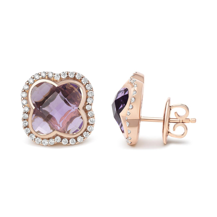 3/8 Ct. T.W. Diamond and 11x11mm Clover-Cut Purple Amethyst Gemstone Clover Halo Stud Earrings in 18K Rose Gold, photo 4