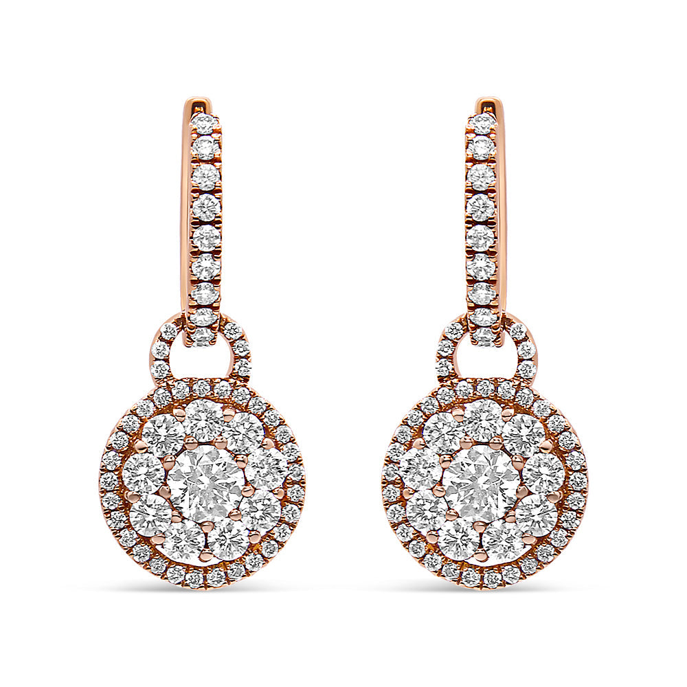 Aretes colgantes de racimo redondo con cierre de palanca y diamantes de 1 1/2 ct. p.t. en oro rosa de 18K, foto 1