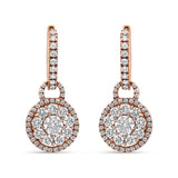 Aretes colgantes de racimo redondo con cierre de palanca y diamantes de 1 1/2 ct. p.t. en oro rosa de 18K