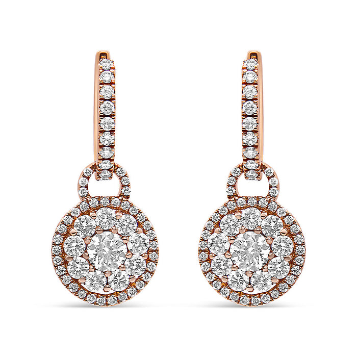 Aretes colgantes de racimo redondo con cierre de palanca y diamantes de 1 1/2 ct. p.t. en oro rosa de 18K, foto 1