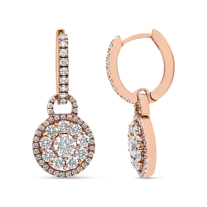 Aretes colgantes de racimo redondo con cierre de palanca y diamantes de 1 1/2 ct. p.t. en oro rosa de 18K, foto 4