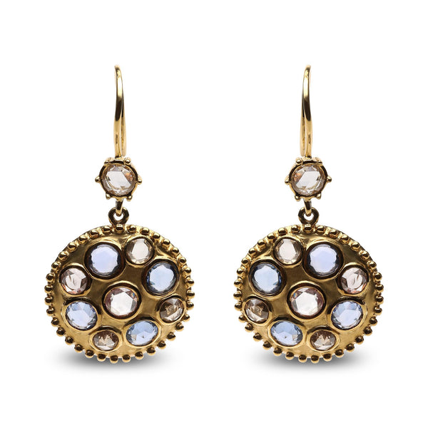 1 2/3 Ct. T.W. Diamond and Blue Sapphire Bezel-Set Gemstone Cluster Medallion Dangle Earrings in 18K Yellow Gold, photo 1
