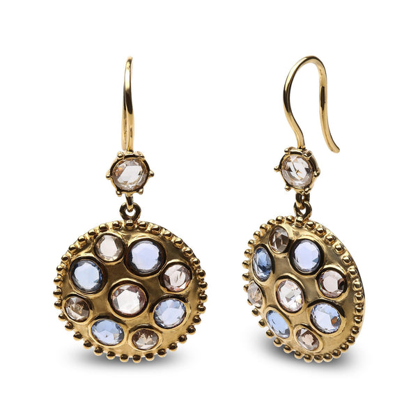 1 2/3 Ct. T.W. Diamond and Blue Sapphire Bezel-Set Gemstone Cluster Medallion Dangle Earrings in 18K Yellow Gold, photo 2