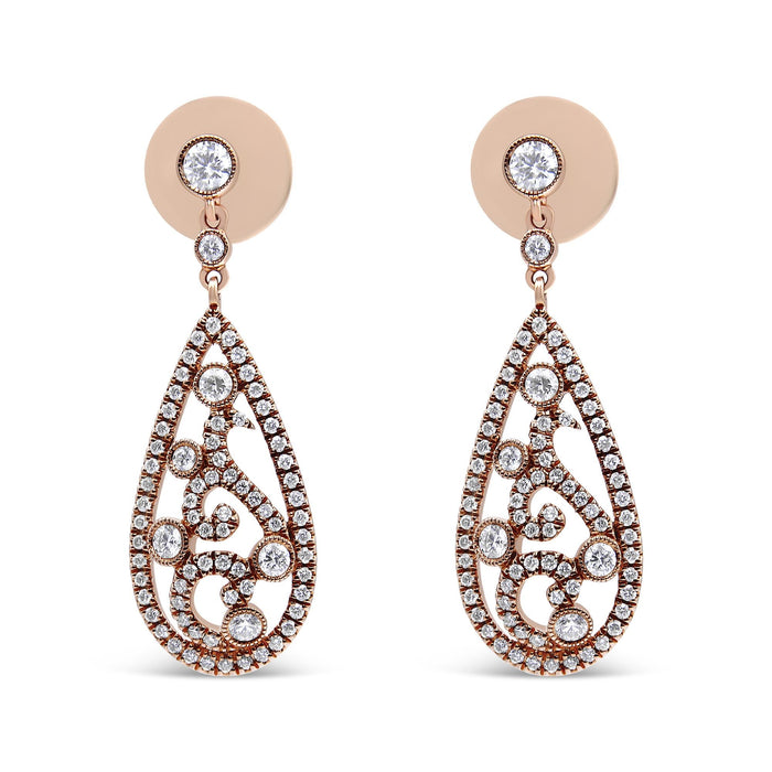 Aretes de botón colgantes en forma de lágrima con cierre de rosca y diamantes de 1 1/4 ct. p.t. en oro rosa de 18K, foto 1