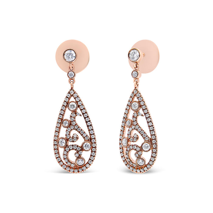 Aretes de botón colgantes en forma de lágrima con cierre de rosca y diamantes de 1 1/4 ct. p.t. en oro rosa de 18K, foto 2