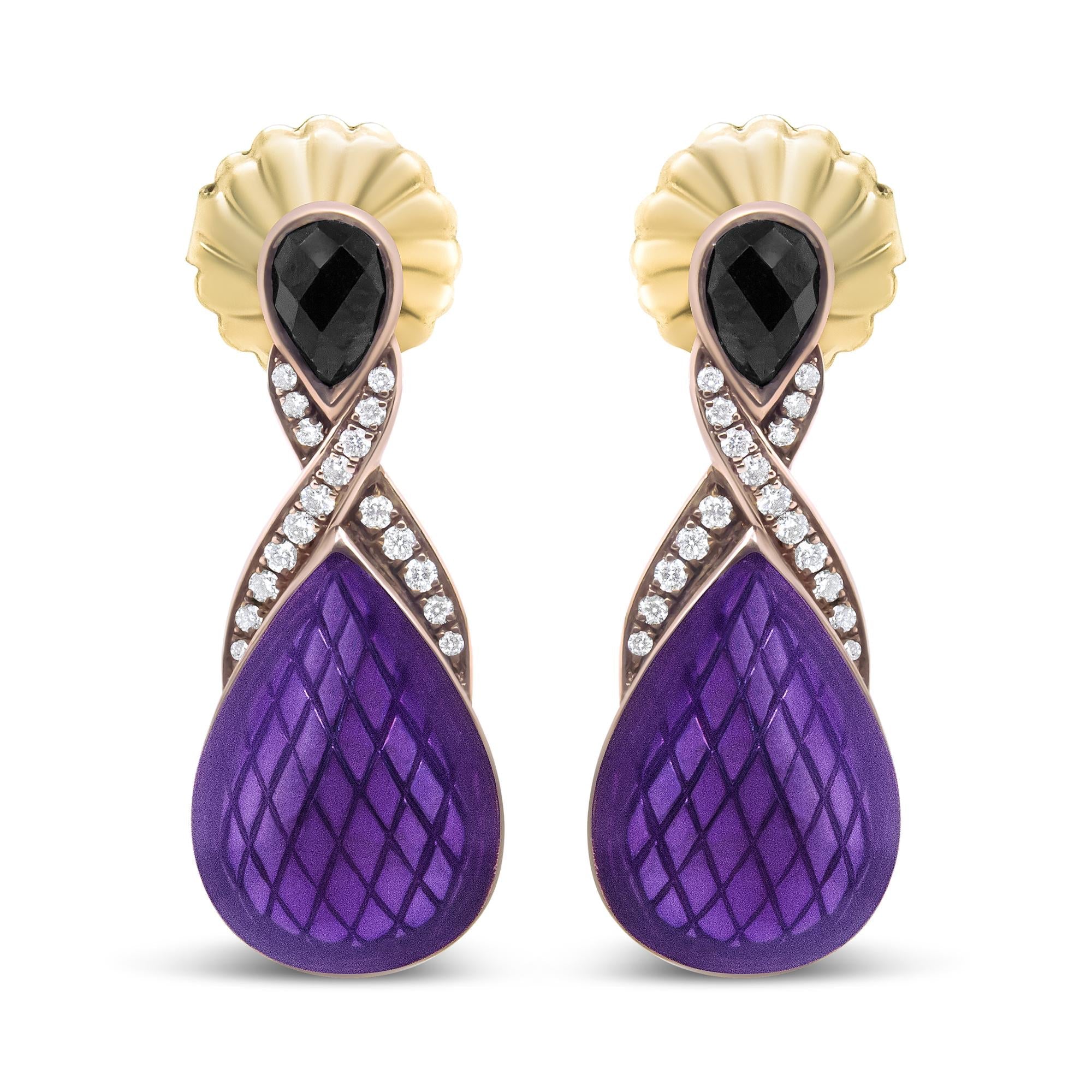 Aretes colgantes con esmalte morado, diamantes de 1/5 ct. p.t. y ónix en plata de ley con baño flash de oro rosa de 18K, color F-G, claridad VS1-VS2, foto 1