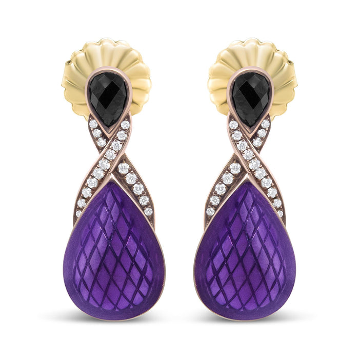Aretes colgantes con esmalte morado, diamantes de 1/5 ct. p.t. y ónix en plata de ley con baño flash de oro rosa de 18K, color F-G, claridad VS1-VS2, foto 1