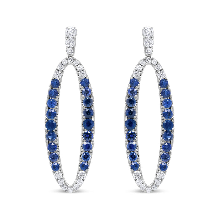 Aretes colgantes ovalados calados con diamantes de 1.11 ct. p.t. y zafiros azules en oro blanco de 18K, color F-G, claridad VS1-VS2, foto 1