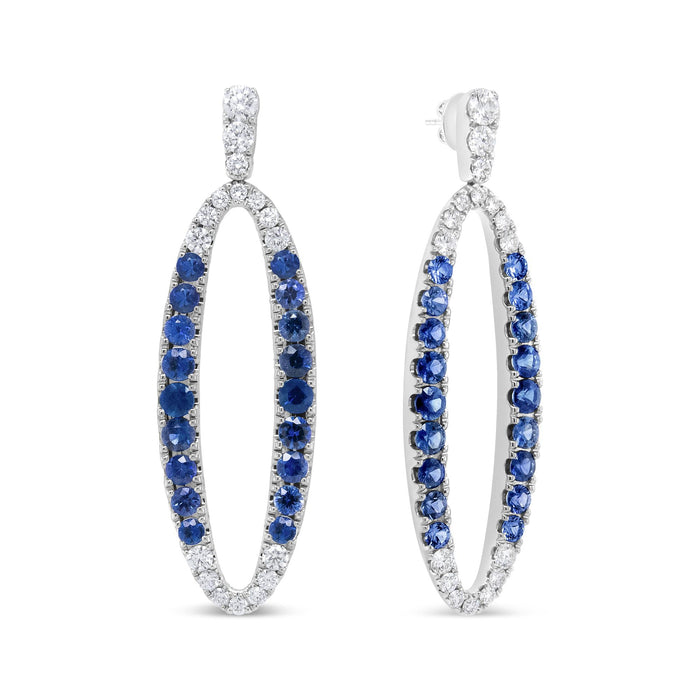 Aretes colgantes ovalados calados con diamantes de 1.11 ct. p.t. y zafiros azules en oro blanco de 18K, color F-G, claridad VS1-VS2, foto 2