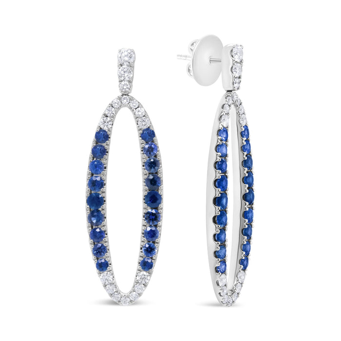 Aretes colgantes ovalados calados con diamantes de 1.11 ct. p.t. y zafiros azules en oro blanco de 18K, color F-G, claridad VS1-VS2, foto 4