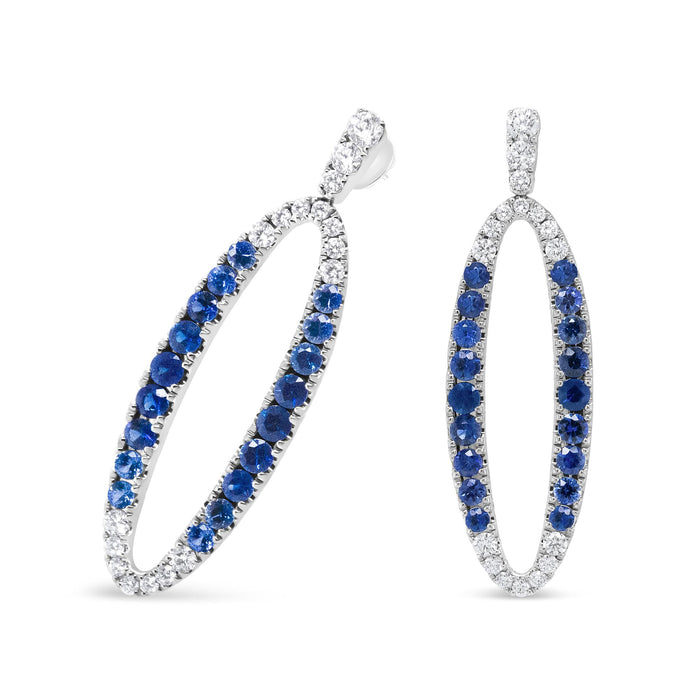 Aretes colgantes ovalados calados con diamantes de 1.11 ct. p.t. y zafiros azules en oro blanco de 18K, color F-G, claridad VS1-VS2, foto 5