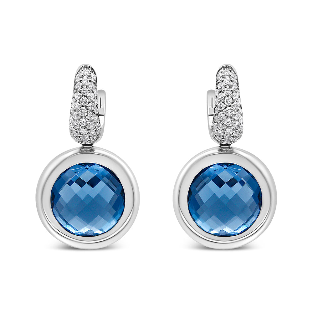 1/2 Ct. T.W. Bezel-Set 11mm Blue Topaz and Invisible-Set Diamond Bale Dangle Earrings in 18K White Gold, photo 1