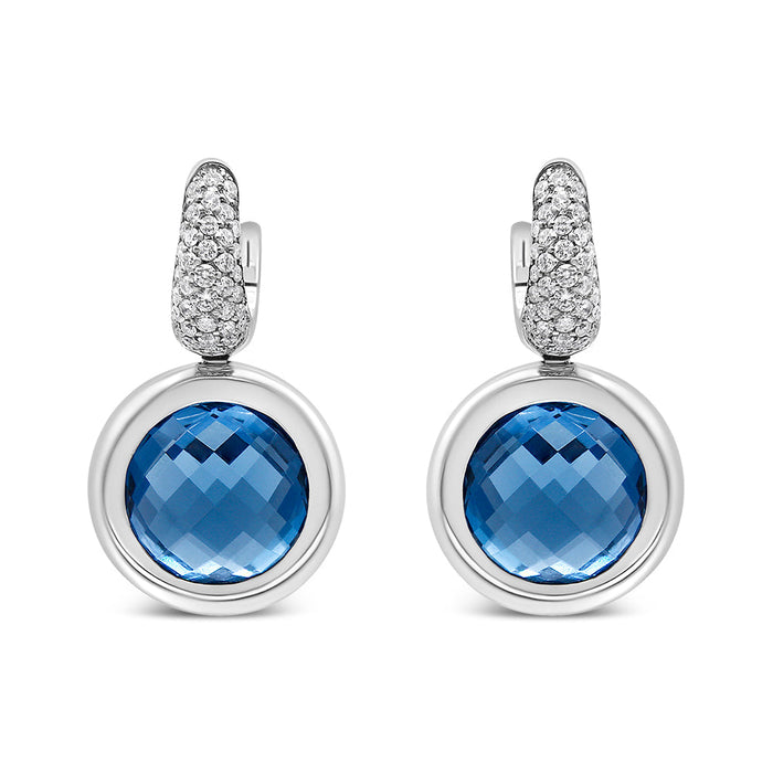 1/2 Ct. T.W. Bezel-Set 11mm Blue Topaz and Invisible-Set Diamond Bale Dangle Earrings in 18K White Gold, photo 1