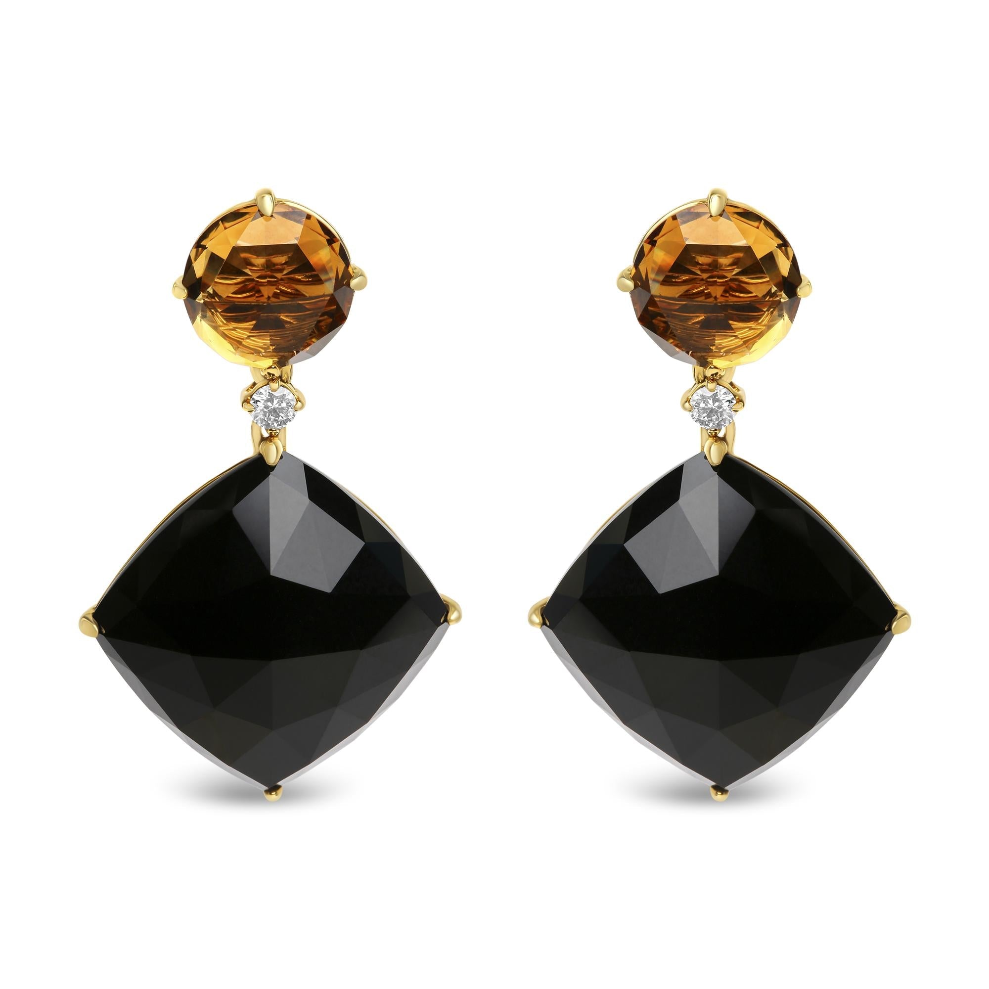 1/5 Ct. T.W. Diamond with Round Yellow Citrine and Cushion-Cut Black Onyx Gemstone Dangle Earrings in 18K Yellow Gold, photo 1