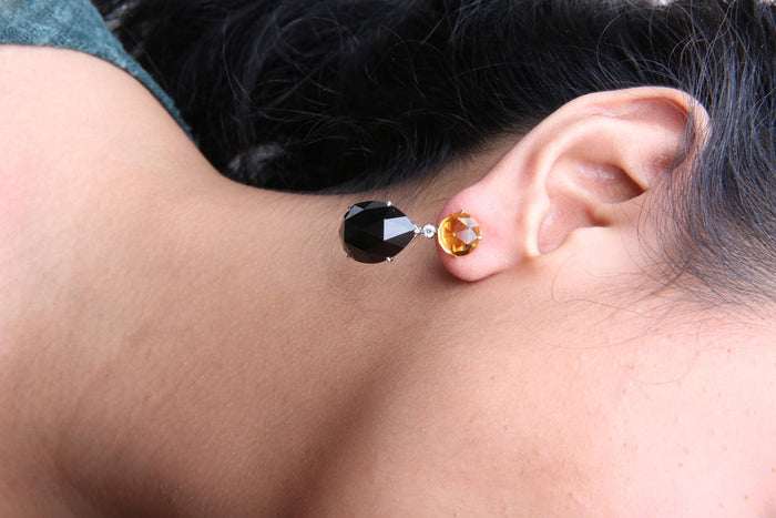1/5 Ct. T.W. Diamond, Yellow Citrine and 20x15mm Pear-Cut Black Onyx Dangle Earrings in 18K White and Yellow Gold, photo 3