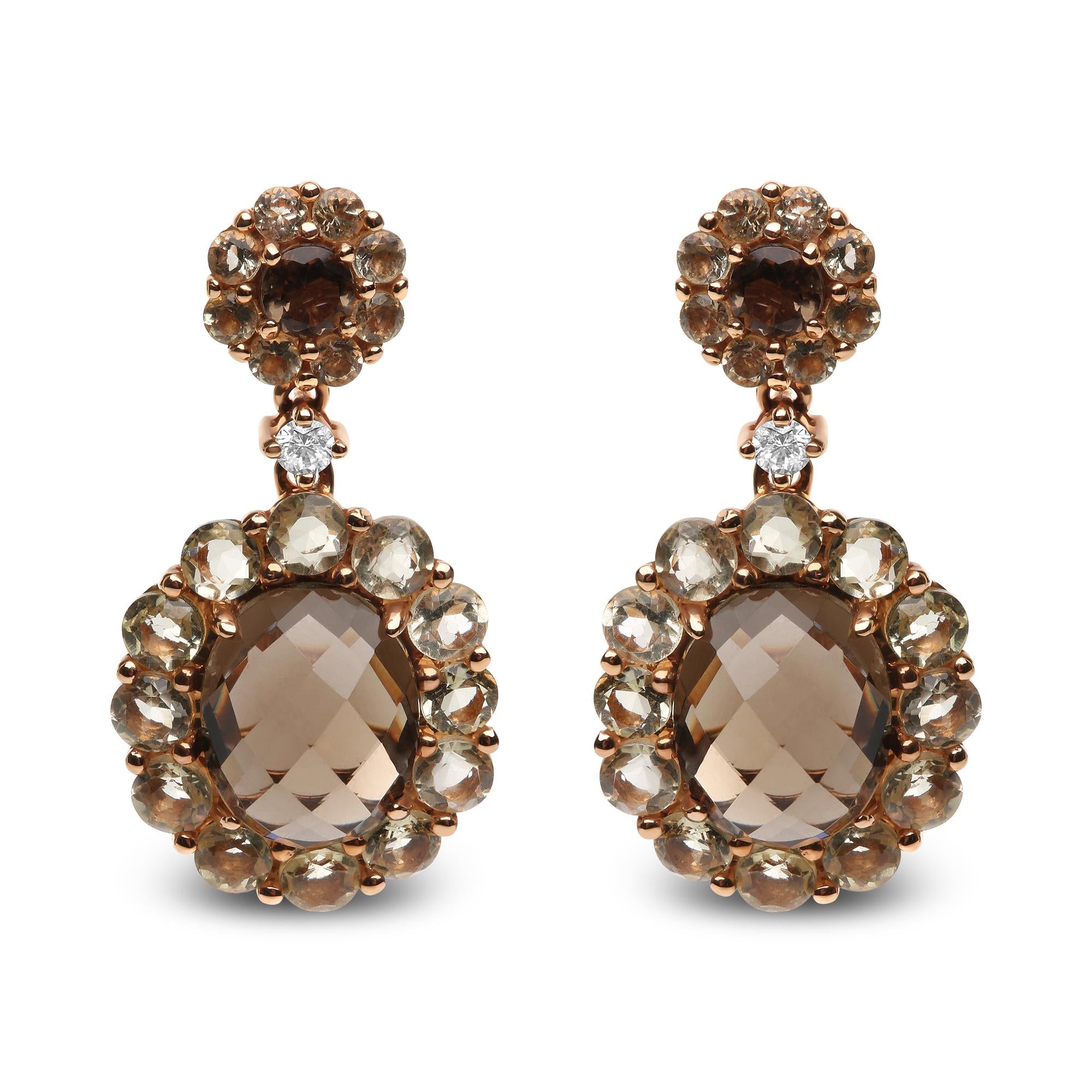 Diamond Accent and Lemon and Oval Smoky Color Quartz Gemstone Dangle Drop Earrings in 18K Rose Gold, photo 1
