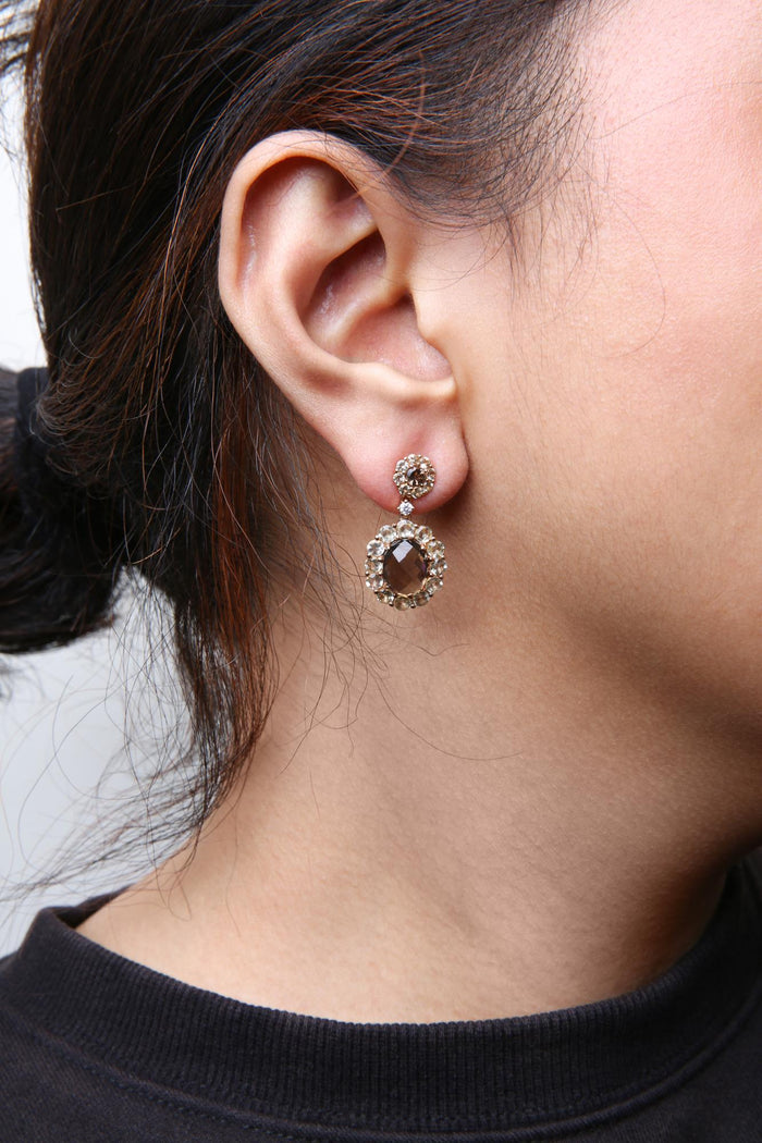 Diamond Accent and Lemon and Oval Smoky Color Quartz Gemstone Dangle Drop Earrings in 18K Rose Gold, photo 3