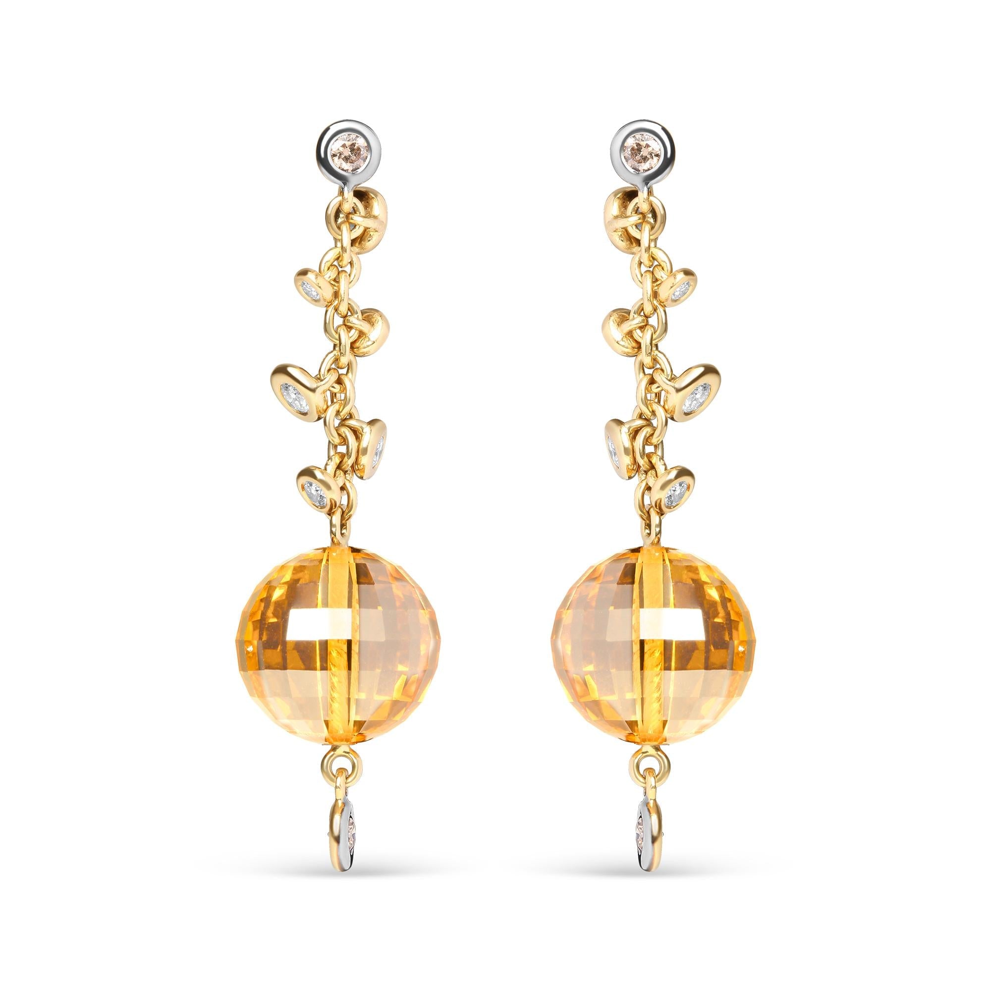 Aretes de botón colgantes con diamantes de 2/3 ct. p.t. y bola de citrino amarillo de 25mm en oro amarillo de 18K, foto 1