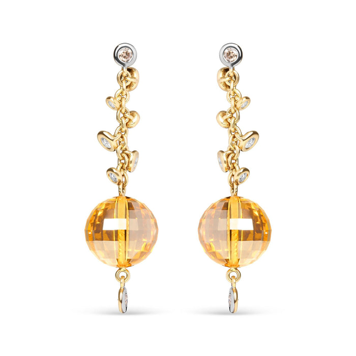 Aretes de botón colgantes con diamantes de 2/3 ct. p.t. y bola de citrino amarillo de 25mm en oro amarillo de 18K, foto 1