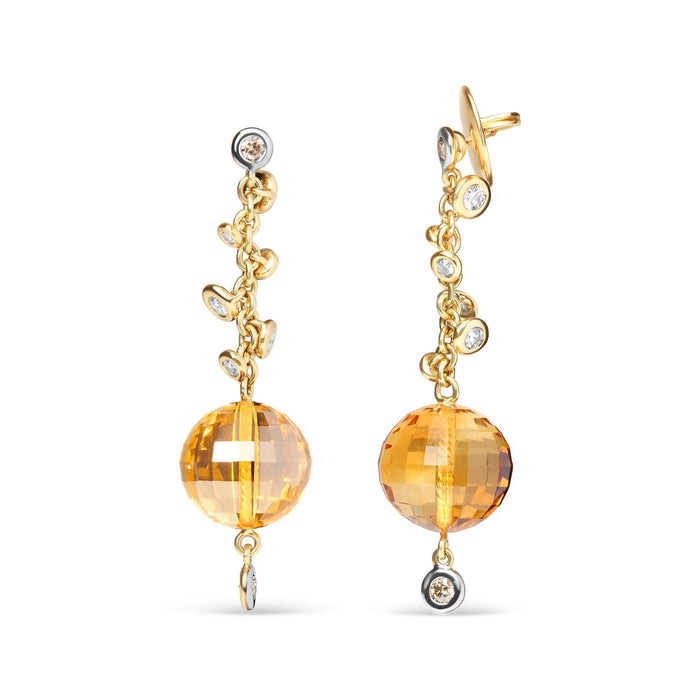 Aretes de botón colgantes con diamantes de 2/3 ct. p.t. y bola de citrino amarillo de 25mm en oro amarillo de 18K, foto 2
