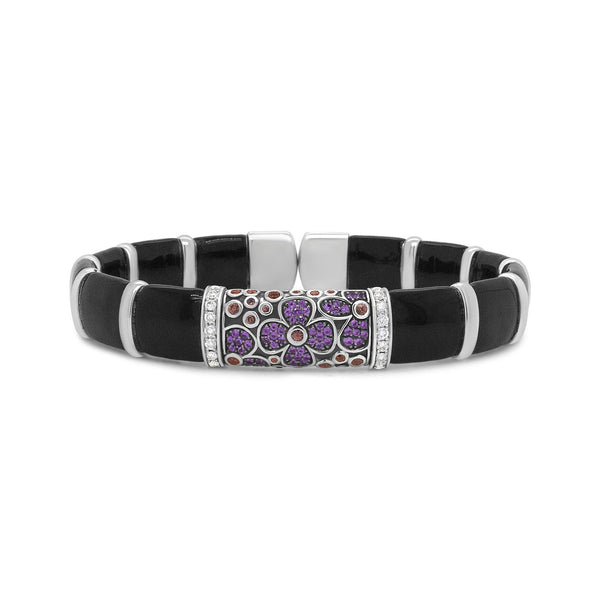 1/3 Ct. T.W. Diamond and Pink and Orange Sapphire Black and Brown Enamel Floral Bangle Bracelet in Sterling Silver, photo 1